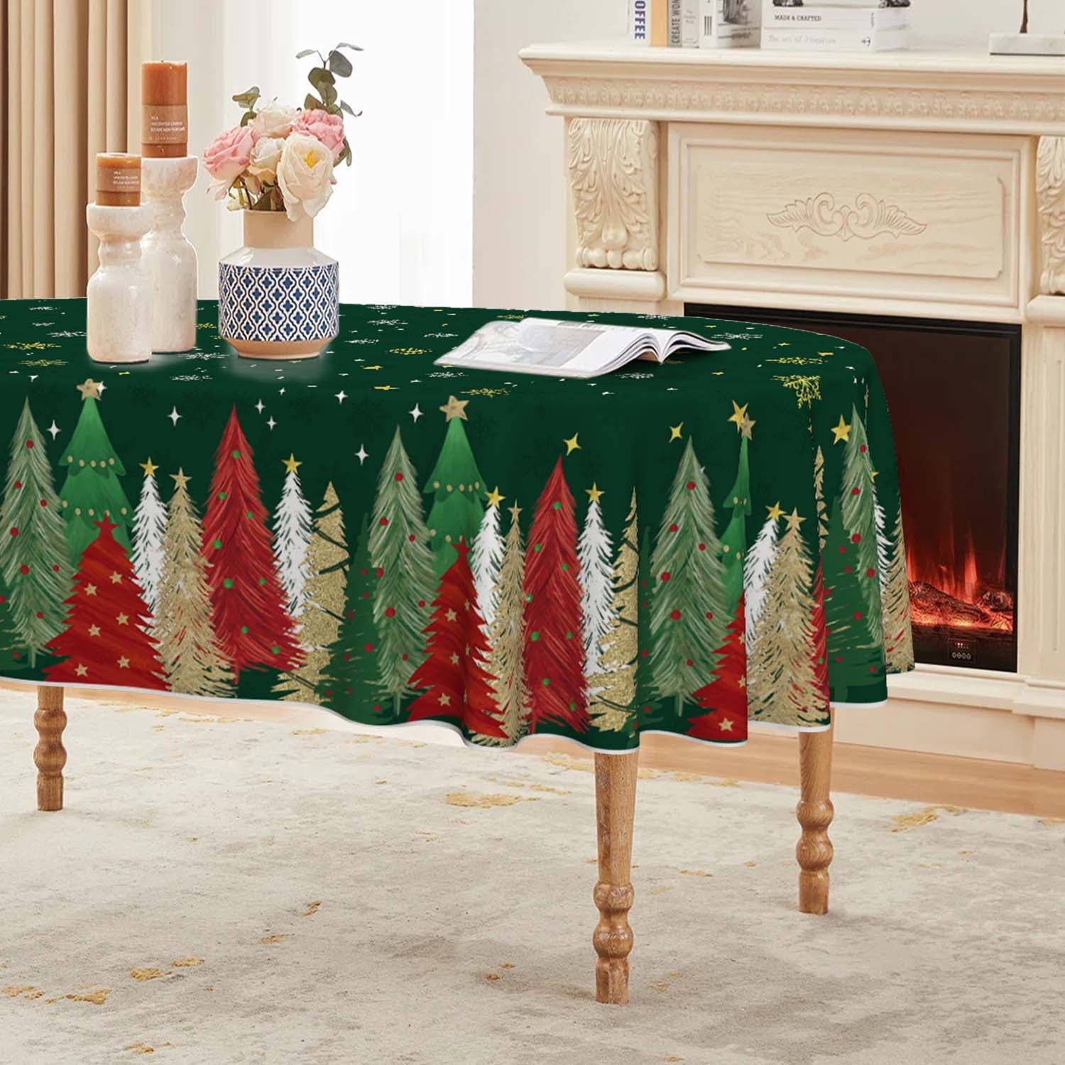 Sm:)e Christmas Tablecloth 60x84 Inch Oval, Trees Green Washable Table Cover for Party Picnic Dinner Decor