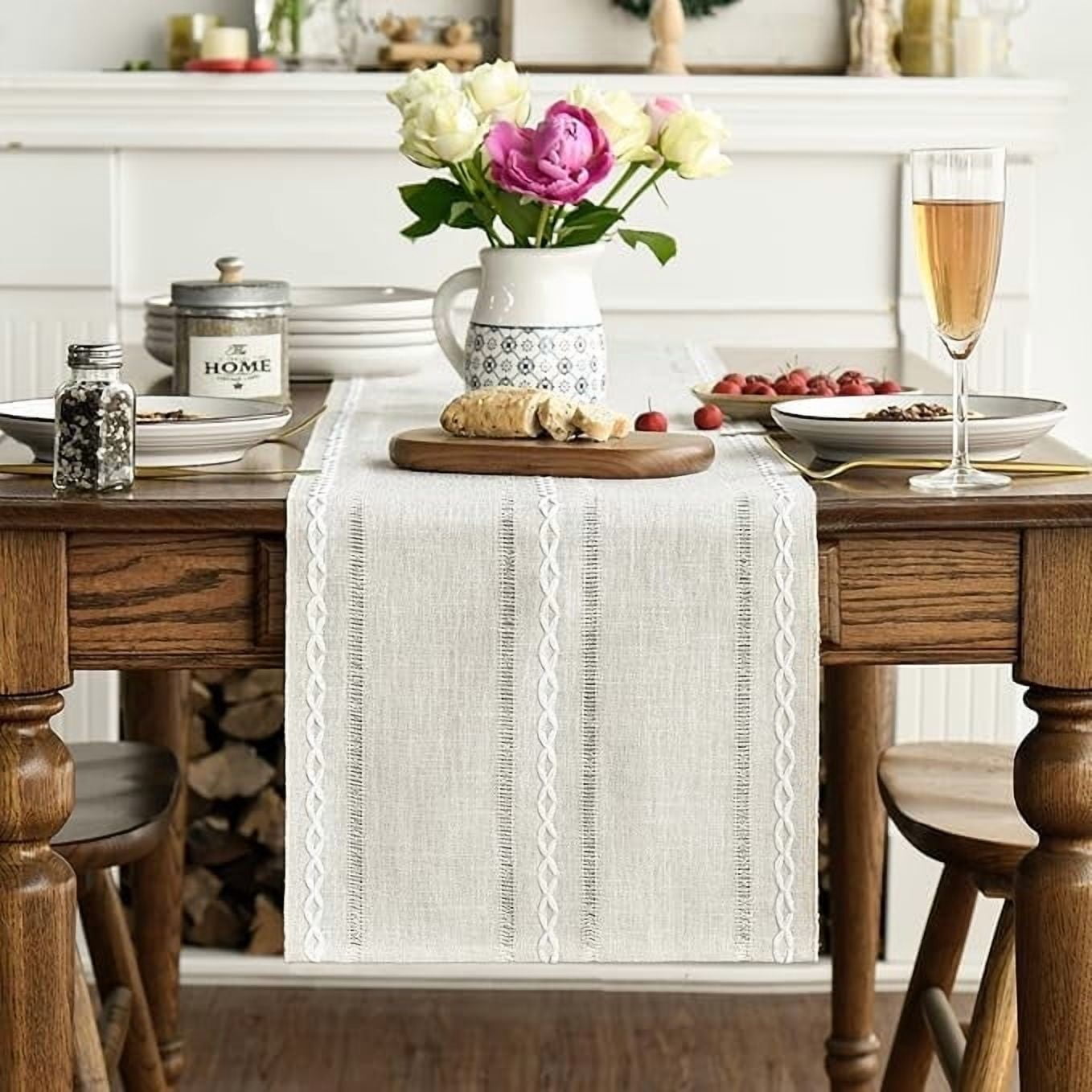 Sm:)e Linen Table Runner for Dining Table 13 x 90 Inch Ivory Burlap Linen Style Rustic Farmhouse Kitchen Dining Room Decoraton