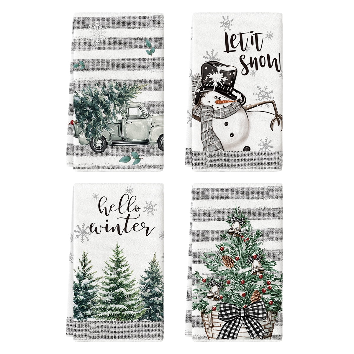 Sm:)e Snowman Truck Christmas Tree Winter Kitchen Dish Towel Striped 18x26 Inch Set of 2
