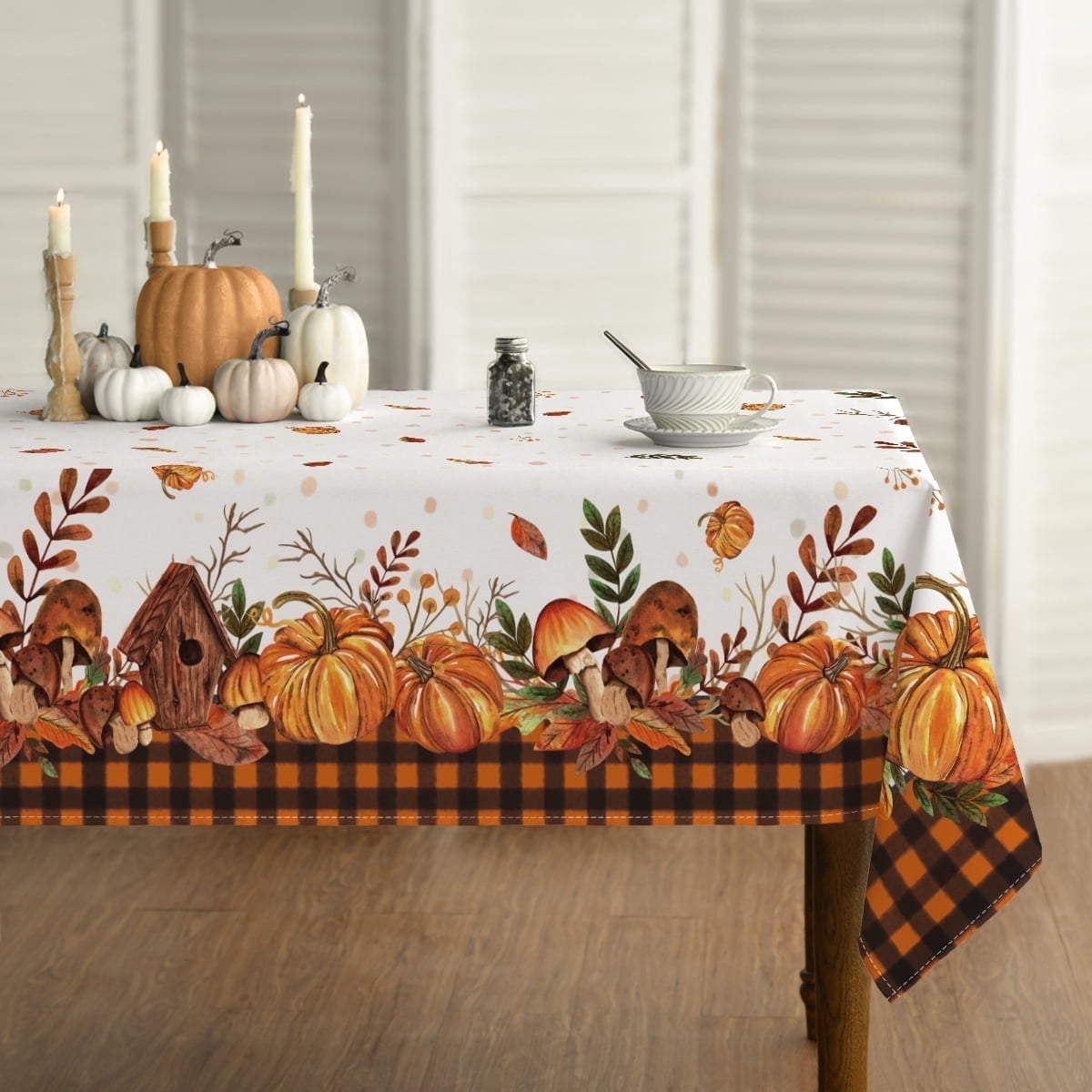 Sm:)e Buffalo Plaid Fall Thanksgiving Table Cloth 60 x 104 Inch Rectangle, Pumpkin Birdhouse Mushroom Orange