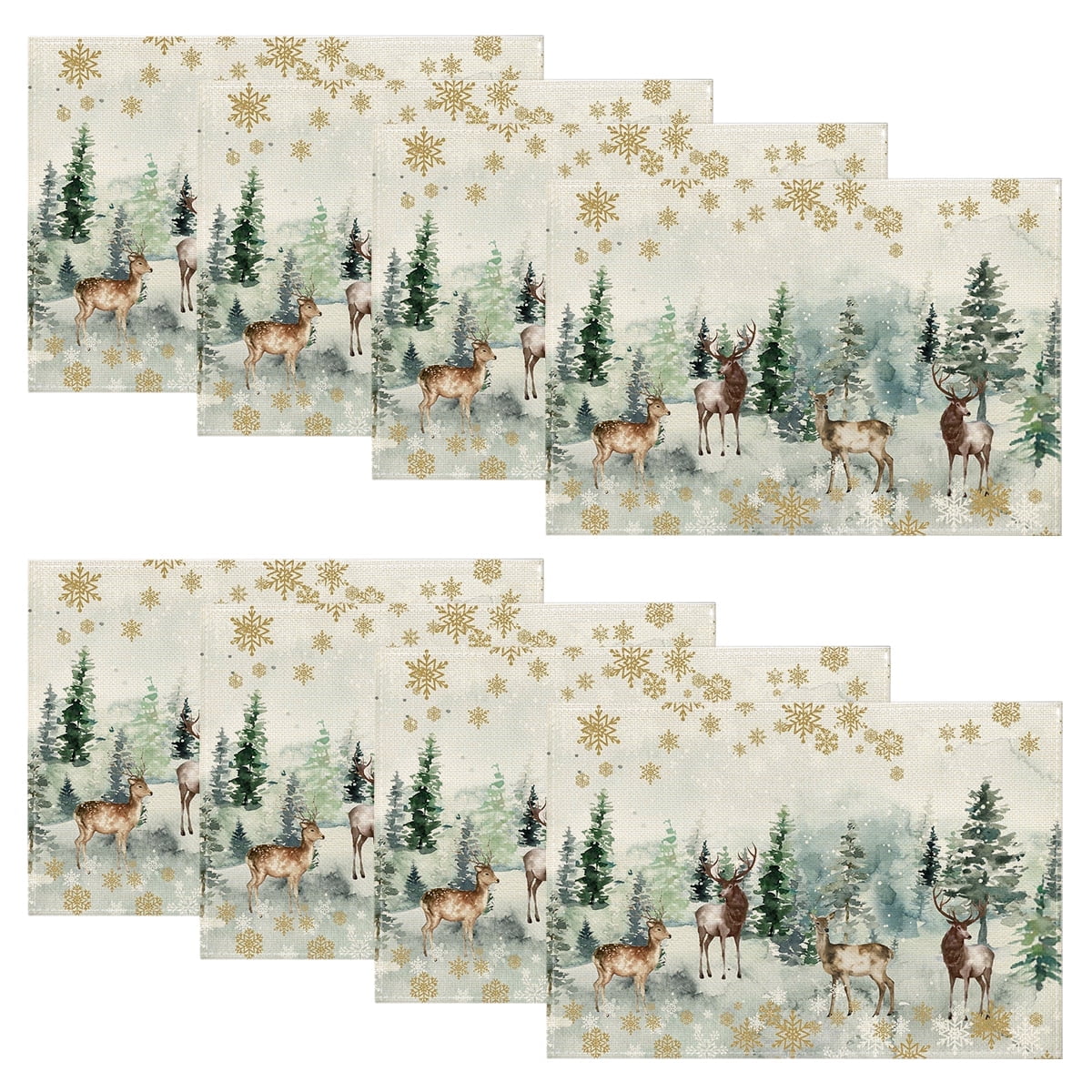 Smile Watercolor Deer Trees Snowflakes Christmas Placemats 12 x 18 Inch Set of 8