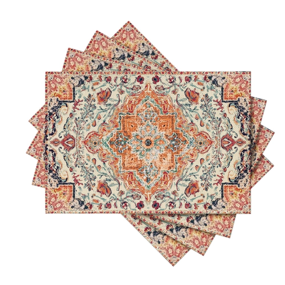 Sm:)e Boho Placemats Set of 4, Daily Orange Teal Flowes Bohemia Table Mats for Home Party Dining Decoration 12x18 Inch