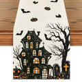 Sm:)e Black Halloween Table Runner with Castle Tree and Witch Pattern, Kitchen Dining Table Decoration for Home Party Decor 13x72 Inch