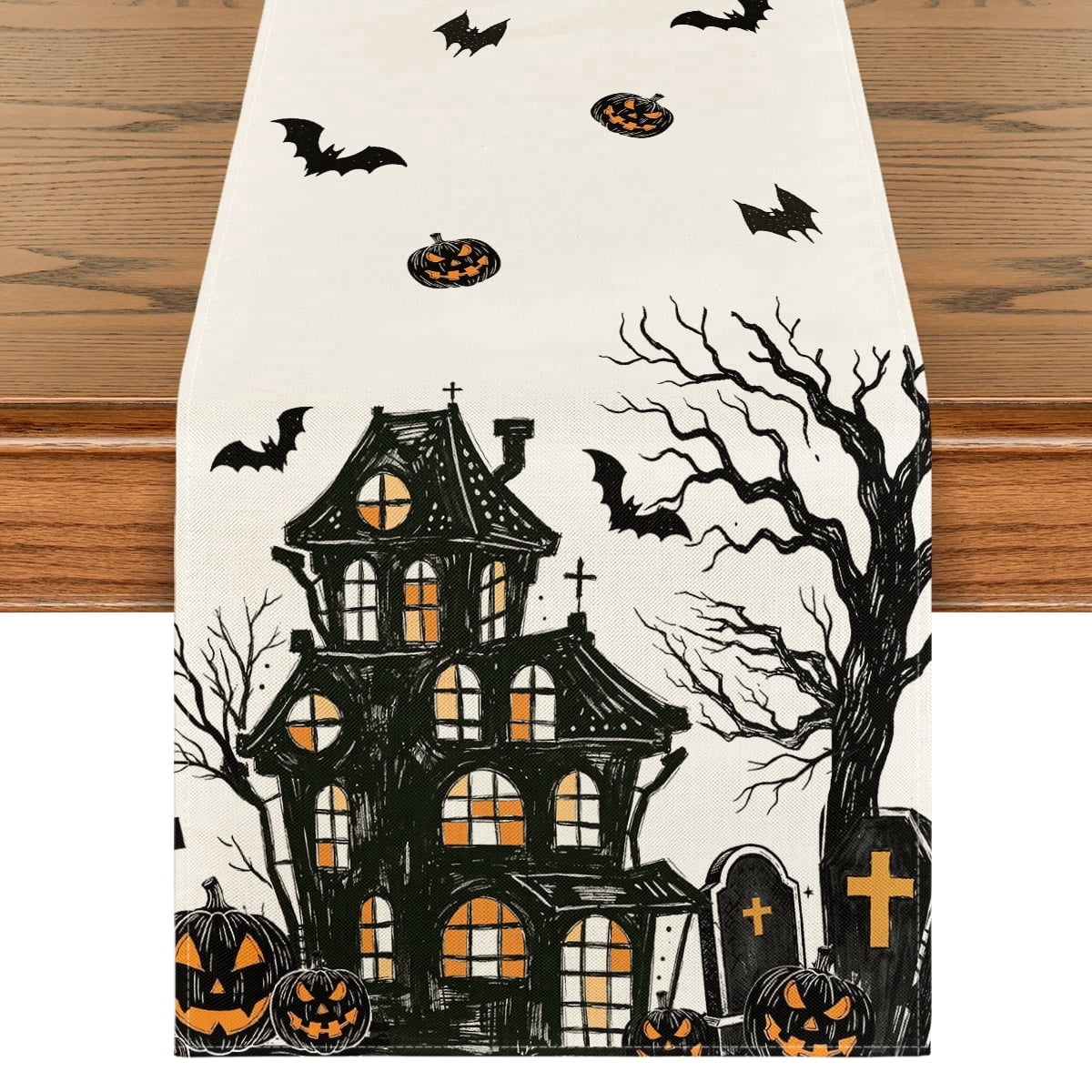 Sm:)e Black Halloween Table Runner with Castle Tree and Witch Pattern, Kitchen Dining Table Decoration for Home Party Decor 13x72 Inch