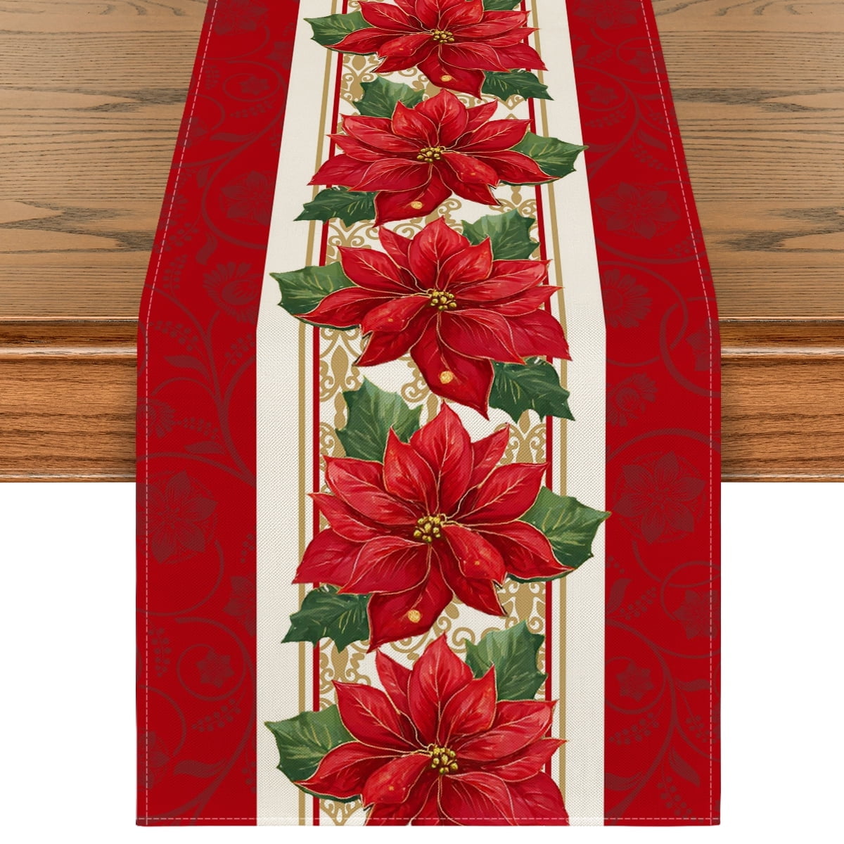 Smile Poinsettia Christmas Table Runner for Xmas Winter 13 x 90 Inch, Red