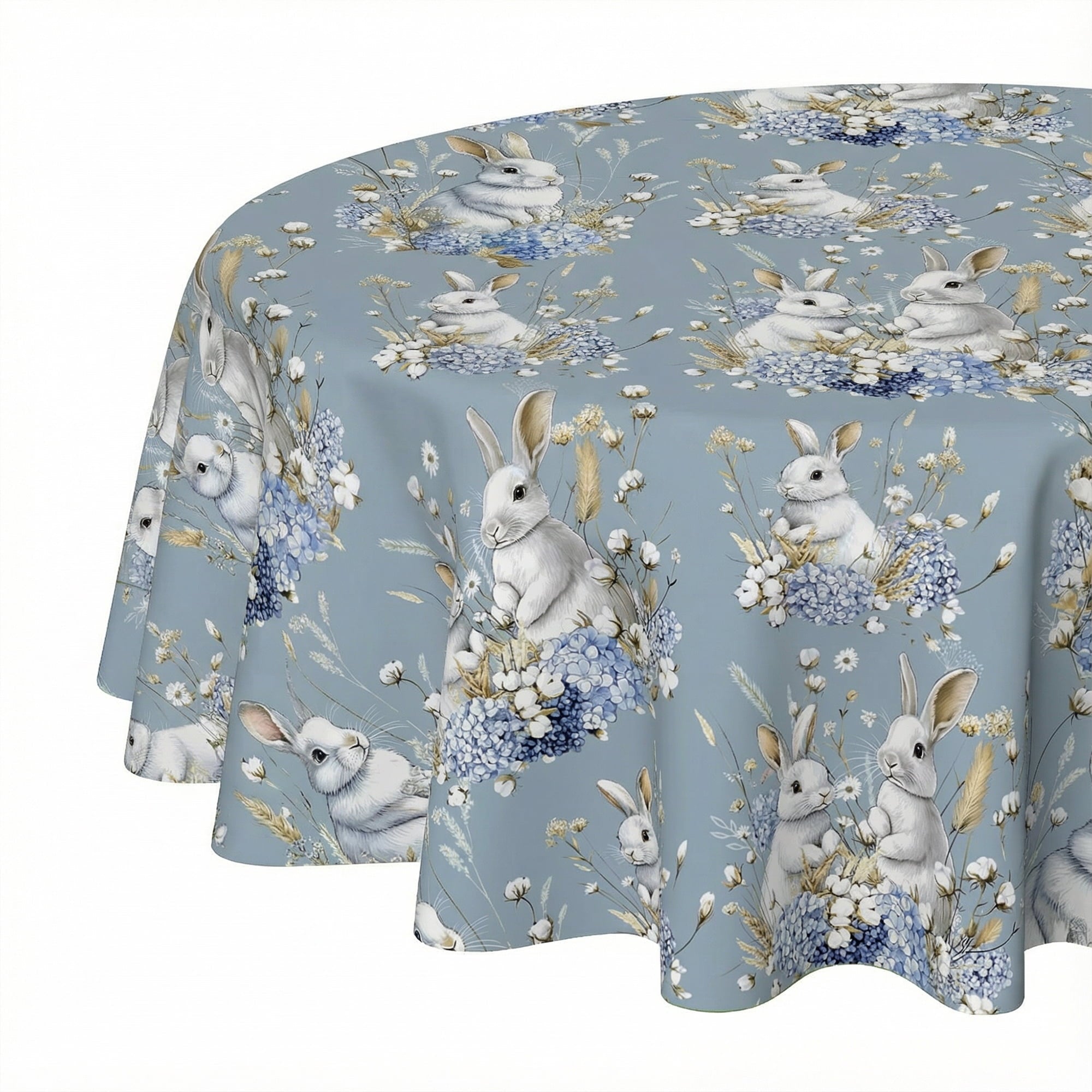 Sm:)e Hydrangea Bunny Easter Tablecloth - 60 Inch Round Polyester, Machine Washable & Reusable Table Cover for Indoor & Outdoor Use