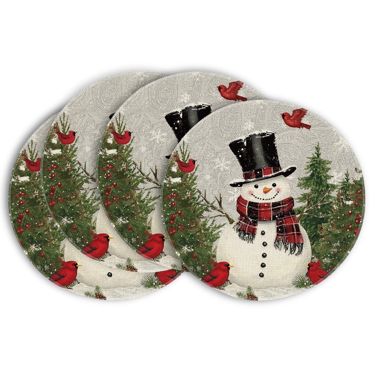 Smile Snowman Trees Snowflakes Christmas Round Placemats Set of 4, 14 Inch Grey Winter Round
