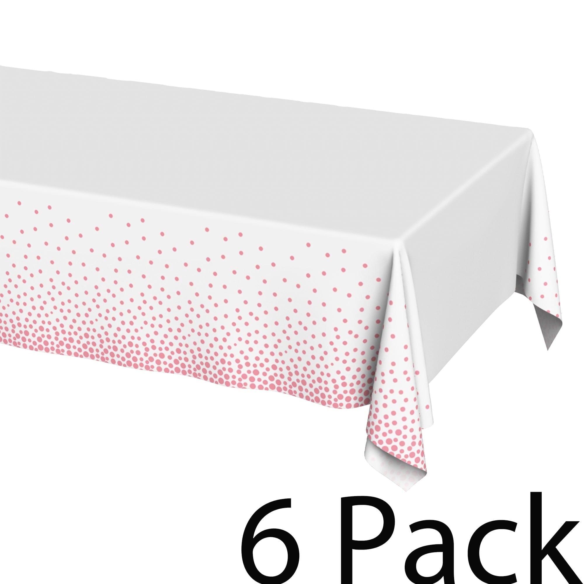 Plastic Table Cloth Disposable 6 Pack, 54 x 108 Inch, White, Pink Dot, for Party Picnic Wedding