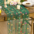 Sm:)e Dark Green Embroidered Daisy Gauze Table Runner 120 Inches (10 Feet), Seasonal Sheer Decor for Kitchen & Dining Spaces, Ideal for Holidays, Weddings, Birthdays & Home Parties