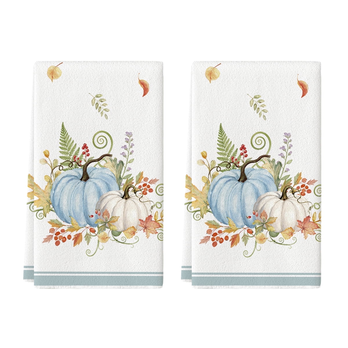 Sm:)e Maple Leaves Blue and White Pumpin Fall Kitchen Dish Towels Set of 2, Soft & Absorbent Washcloth 18x26 Inch