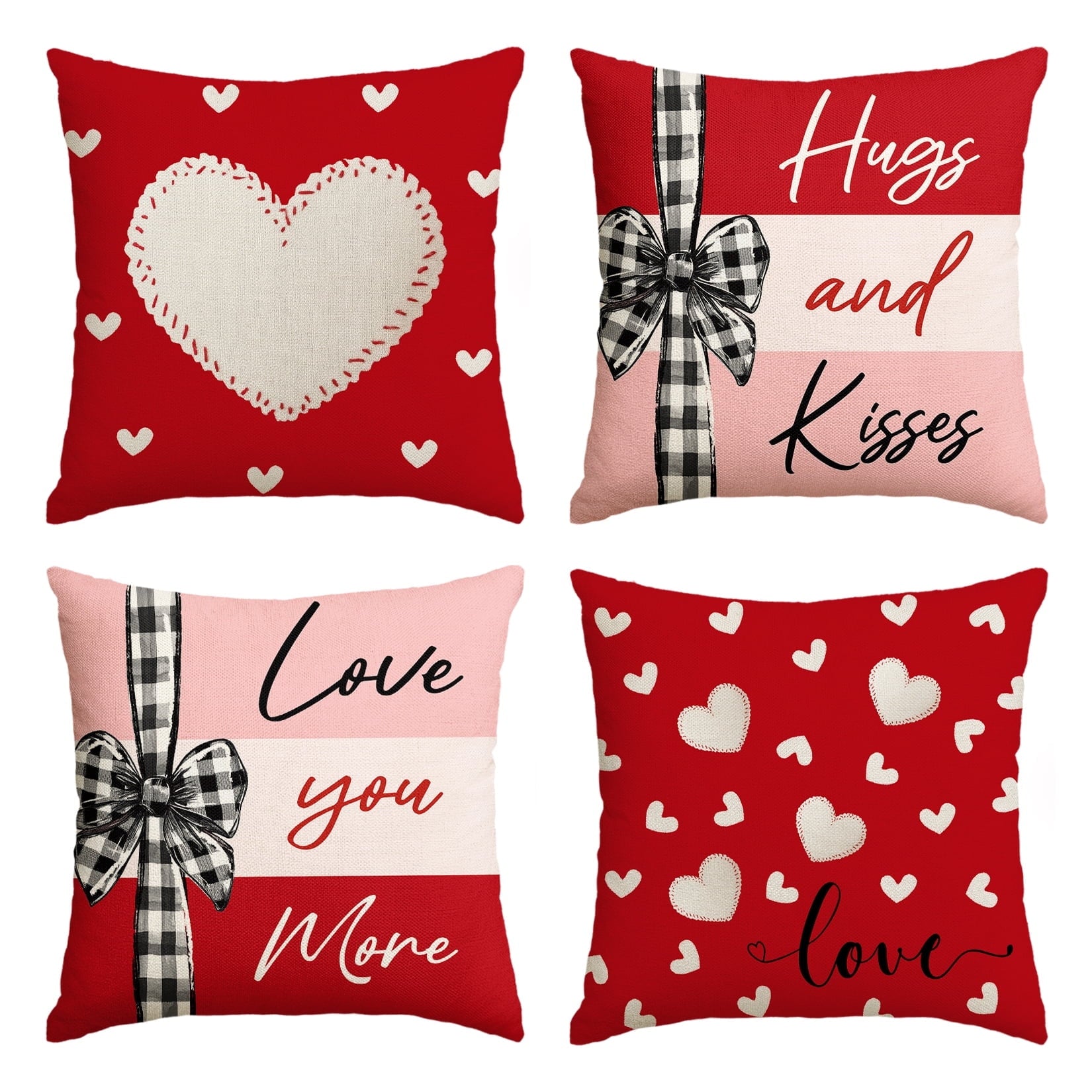 Sm:)e Love Heart Hugs and Kisses Valentines Day Pillow Cover 18x18 Inch Set of 4