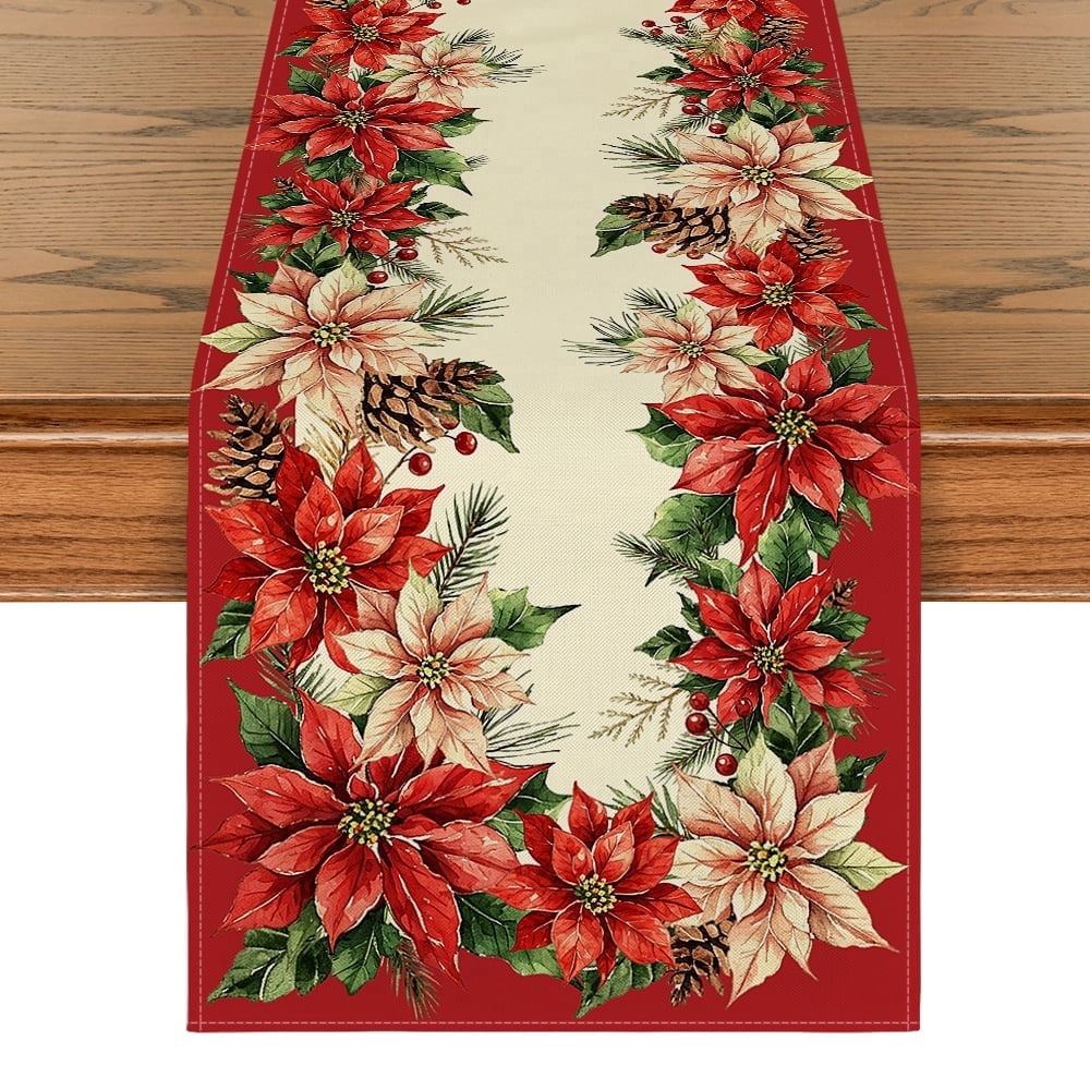 Sm:)e Red White Poinsettia & Pine Cone Christmas Table Runner, 13 x 72 Inch Red Farmhouse Table Decor, Universal for Indoor Outdoor Kitchen, Home & Party Decoration