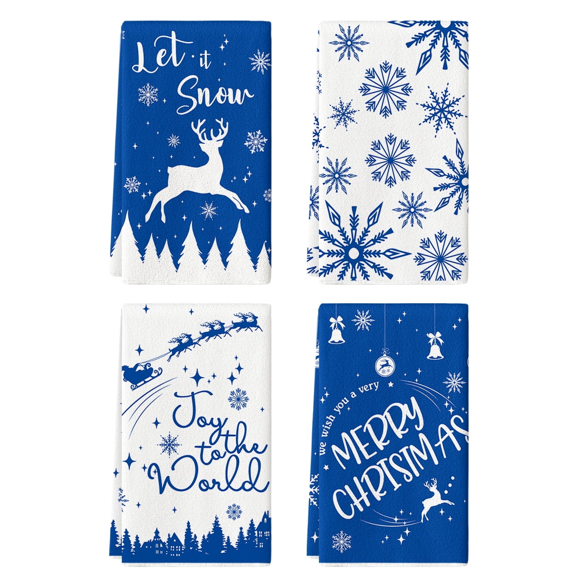 Sm:)e Elk Snow Merry Christmas Winter Xmas Kitchen Dish Towels Blue, 18 x 26 Inch Set of 4