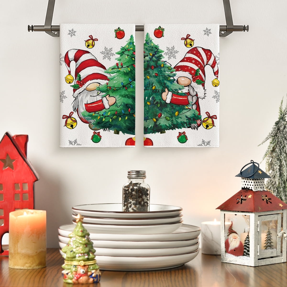 Sm:)e Gnome Christmas Tree Kitchen Dish Towels Set of 2 18x26 Inch