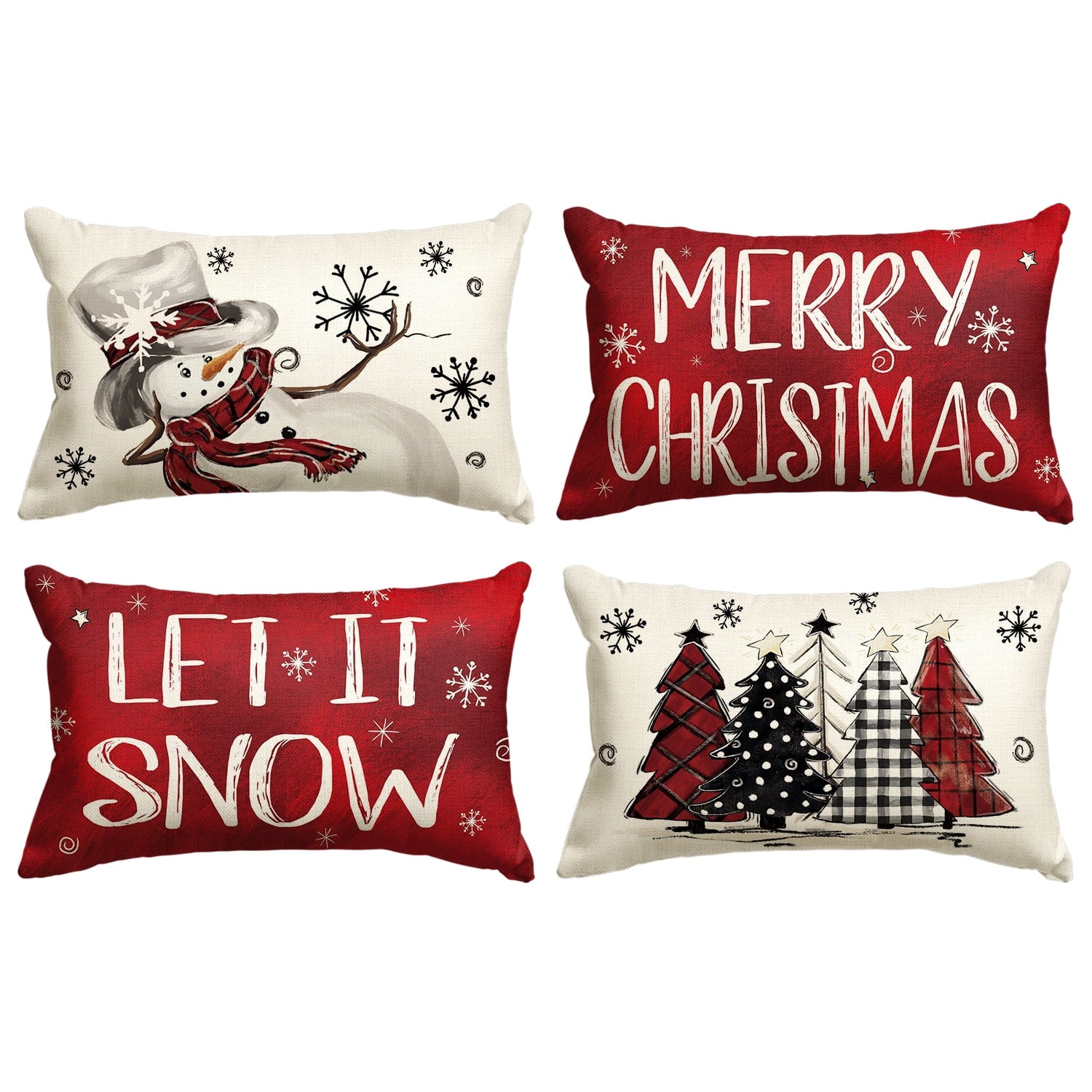 Sm:)e Merry Christmas Snowman Let It Snow Throw Pillow Covers, 12 x 20 Inch Xmas Tree Winter Holiday Cushion Case Decoration for Sofa Couch Set of 4