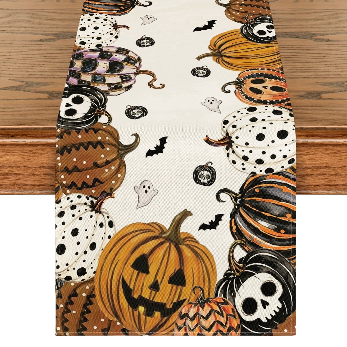 Sm:)e Mexican Skull Pumpkins Ghost Halloween Table Runner, Day of the Dead Kitchen Dining Table Decoration for Home Party Decor 13x72 Inch