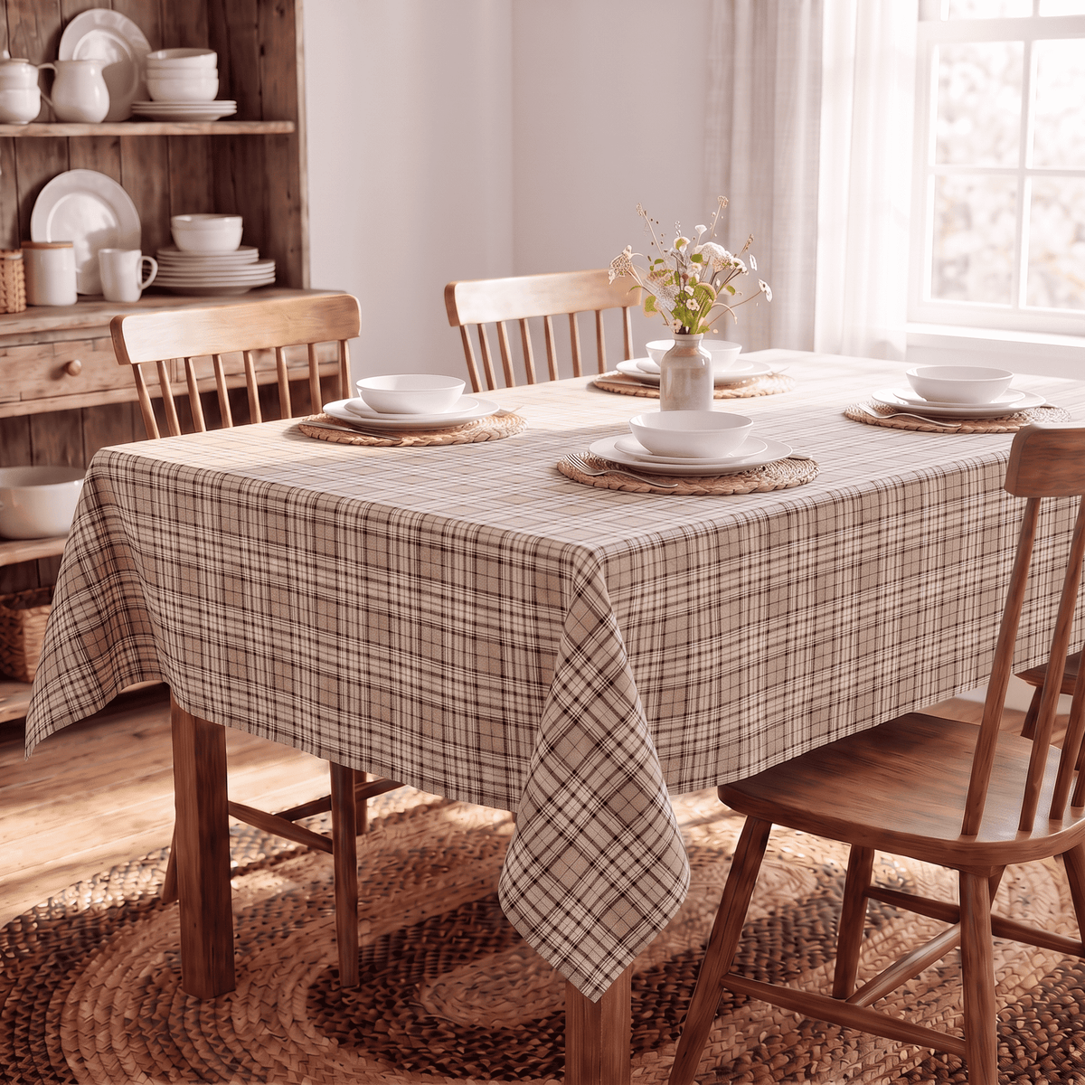 Sm:)e Beige White Royal Stewart Tartan Plaid Tablecloth, Rectangle 55 x 84 Inch, Wrinkle-Resistant & Machine Washable Classic Check Table Cover for Dinner/Party Decoration/Holiday