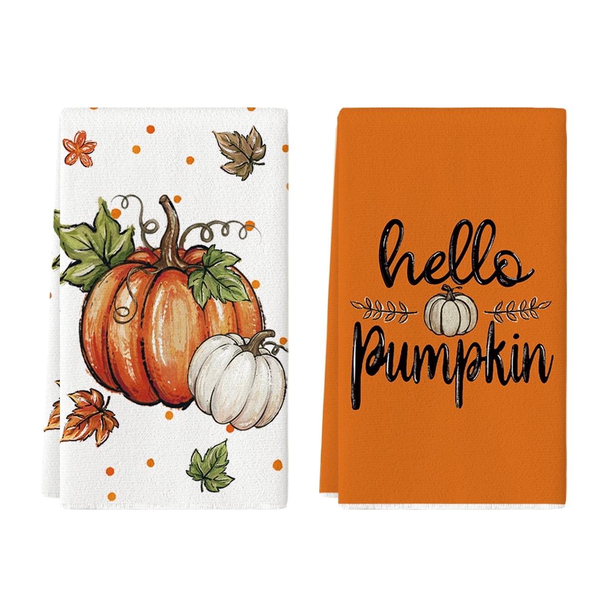 Sm:)e Orange Pumpkin Fall Dish Towels Set of 2, 18x26 Inch, Farmhouse Maple Leaves Autumn Decor Hand Towels