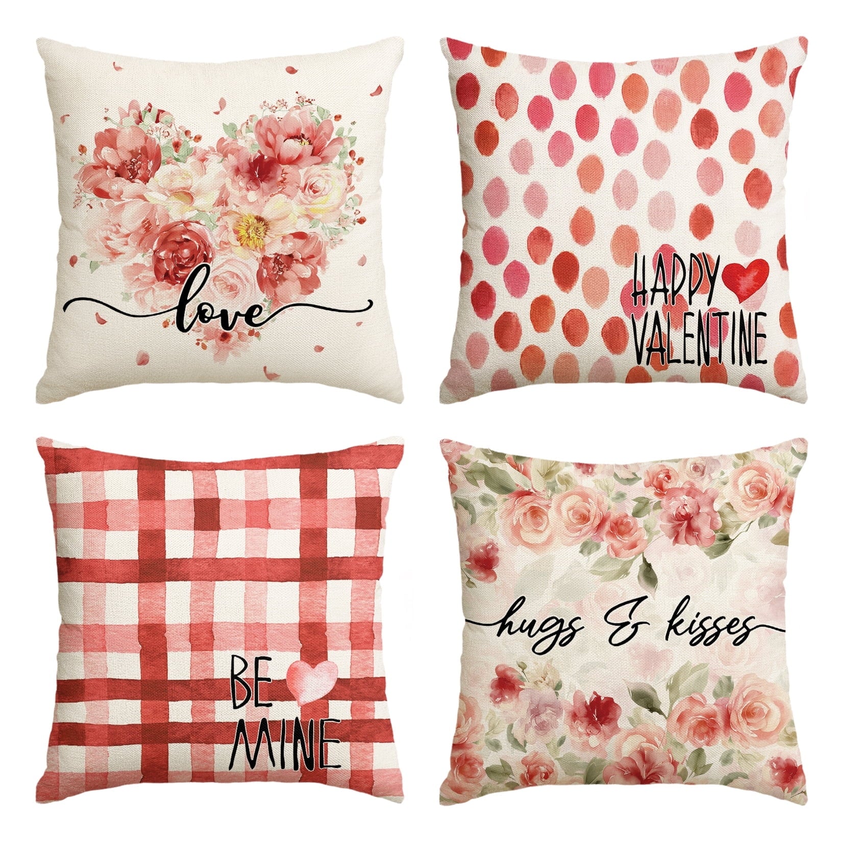 Sm:)e Love Heart Hugs and Kisses Flowers Valentines Day Pillow Cover 18x18 Inch Set of 4