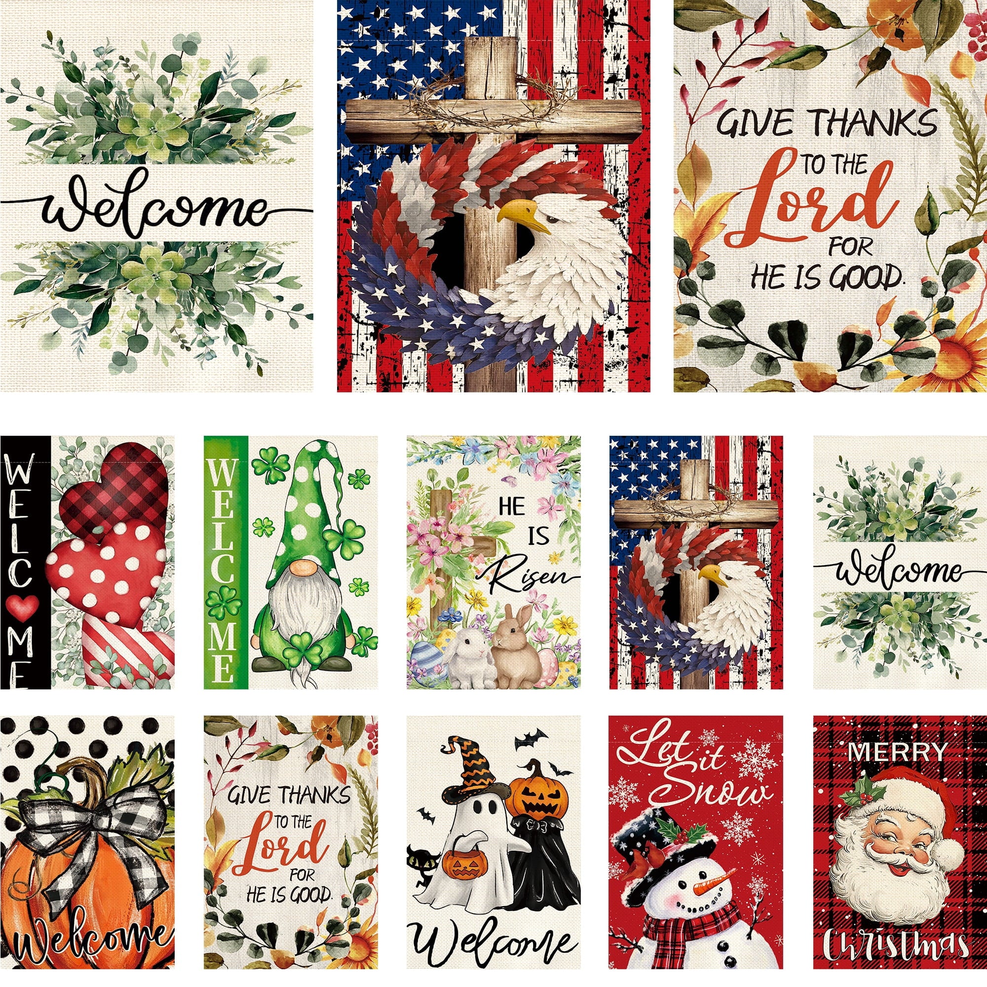 Sm:)e Set of 10 All Season Outside Small Garden Flag Set 12 x 18 inch Double Sided, Holiday Festive Farmhouse Yard Outdoor Decoration