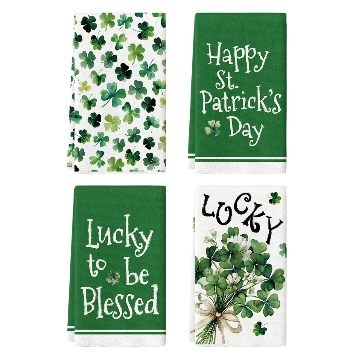 Sm:)e Green Shamrock Floral Clover Saint Patricks Day Kitchen Dish Towels 18x26 Inch Set of 4