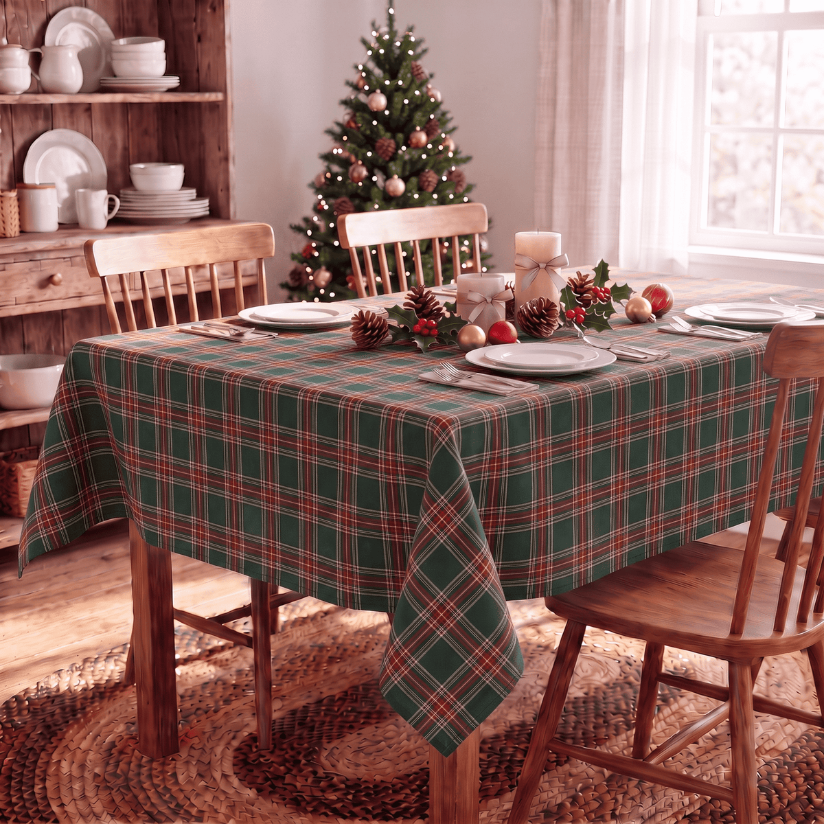 Sm:)e Green Royal Stewart Tartan Plaid Tablecloth, Rectangle 55 x 104 Inch, Machine Washable Classic Check Table Cover for Christmas Dinner/Party Decoration/Holiday