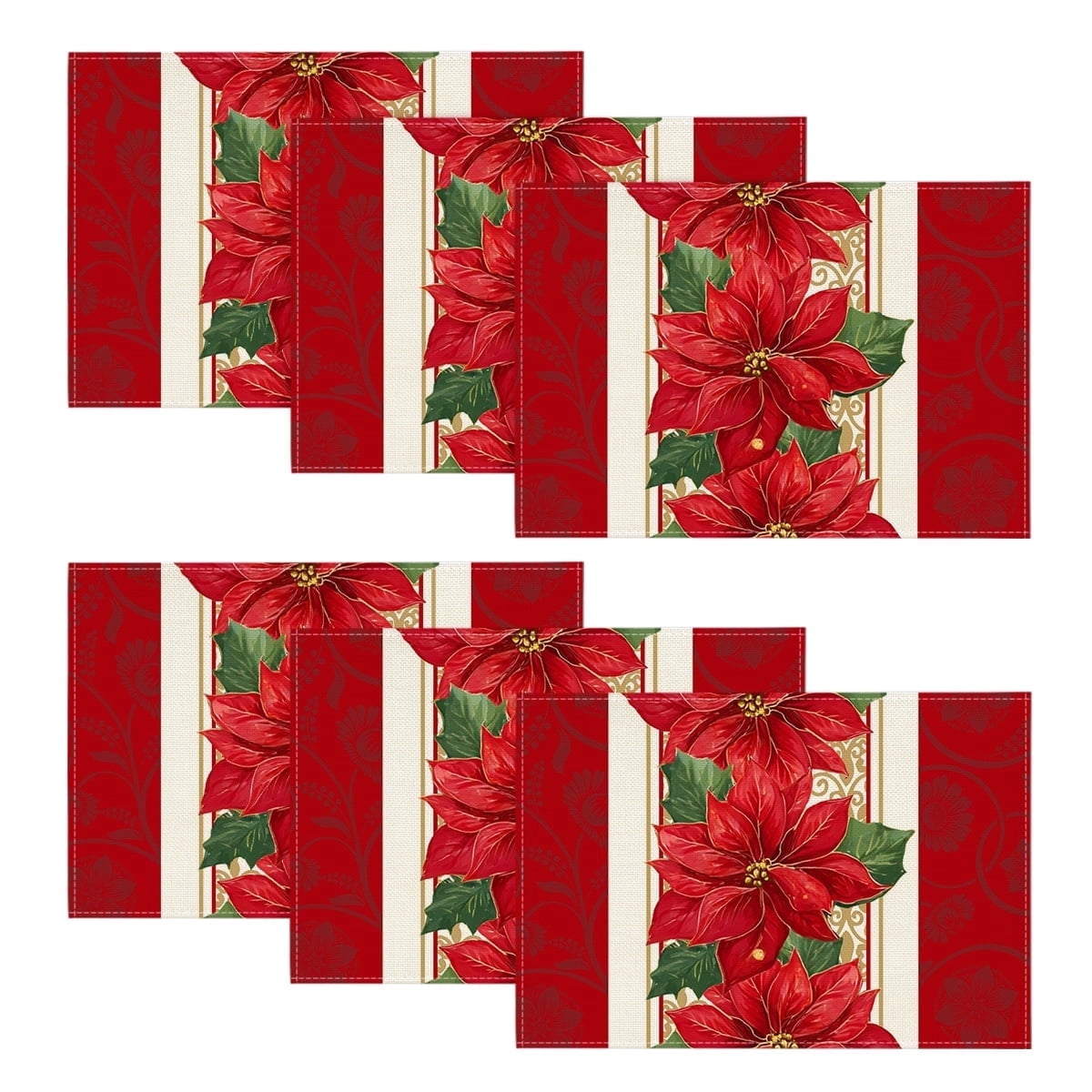 Smile Poinsettia Christmas Placemats for Xmas Winter Set of 6, 12 x 18 Inch, Red