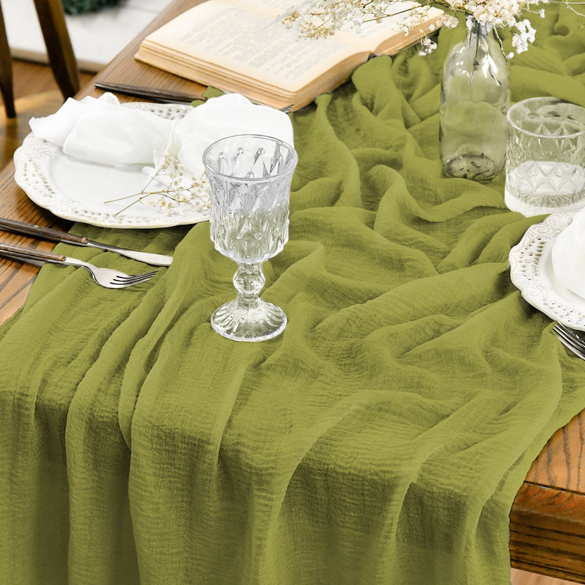 Sm:)e Grass Green Cheesecloth Table Runner 120 Inch Rustic Gauze Boho Chair Sashes for Bridal Shower Wedding Party Catering Home Decoration Supplies