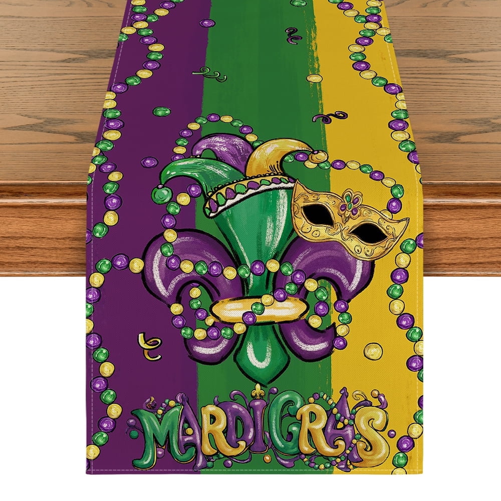 Smile Irises Beads Mardi Gras Table Runner, Carnival Kitchen Dining Table Decoration for Home Party Decor 13x72 Inch
