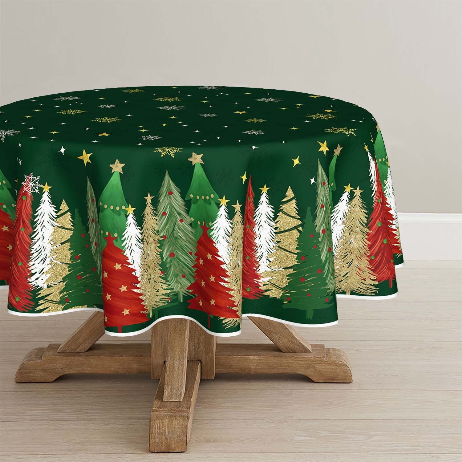 Sm:)e Christmas Tablecloth 70 Inch Round, Trees Green Washable Table Cover for Party Picnic Dinner Decor