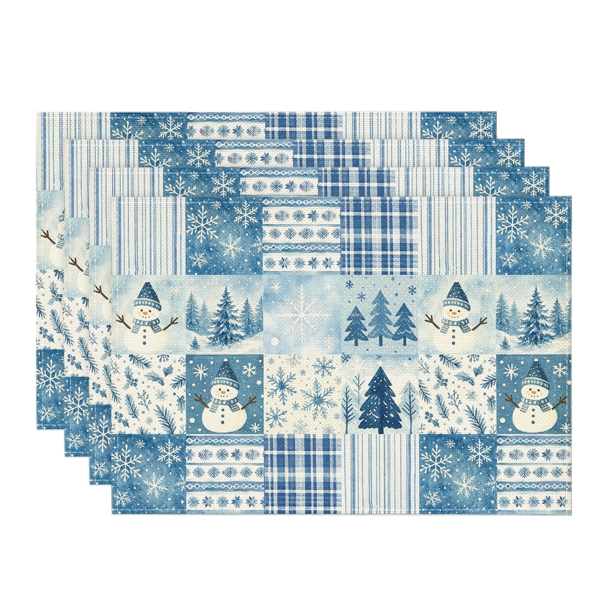 Sm:)e Blue Plaid Pine Tree Snowman Snowflake Christmas Placemats 12 x 18 Inch, Set of 4, Winter Table Decor Supplies for Kitchen Dining & Holiday Party