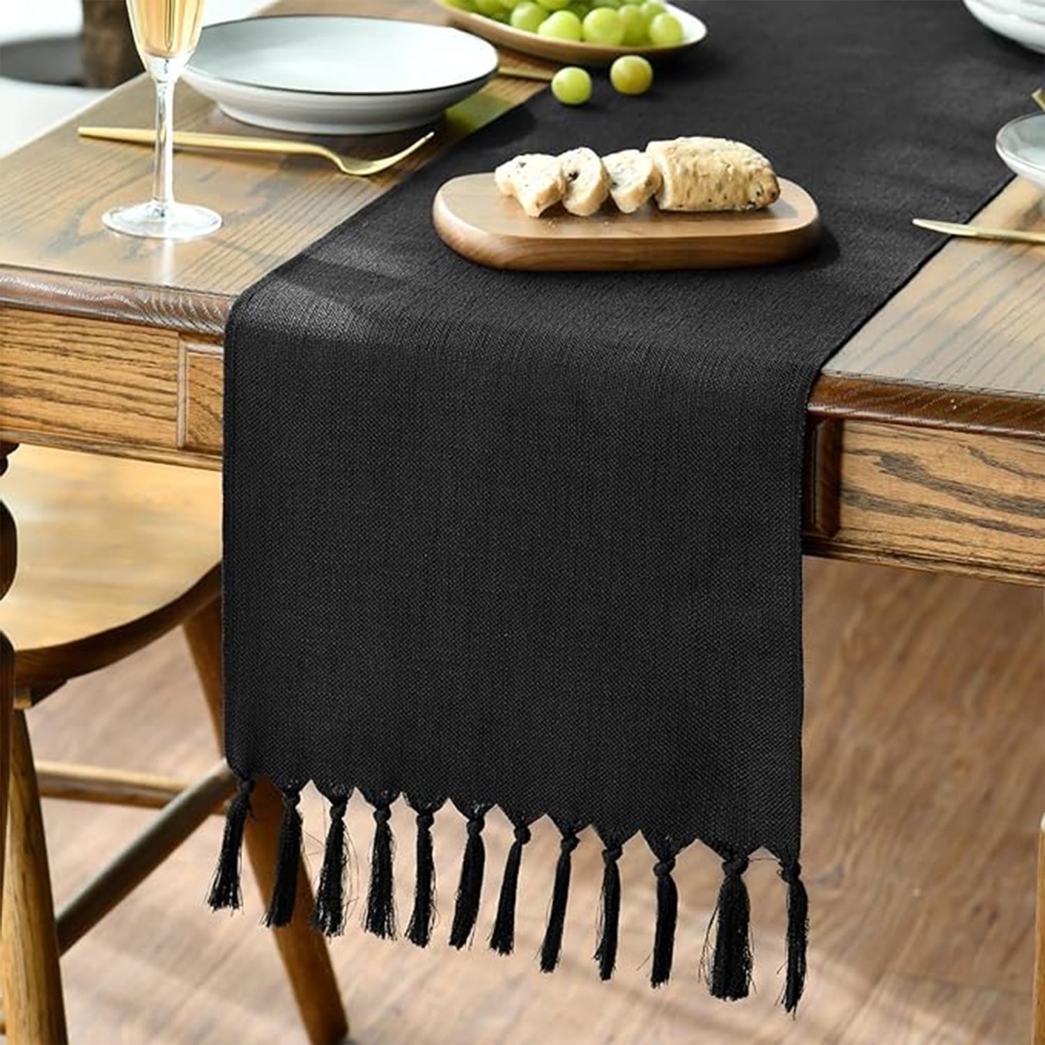 Sm:)e Black Tassel Table Runner, 13x48 Inch, Boho Linen Blend Rustic Farmhouse Style, Holiday Wedding Party Kitchen Table Decor