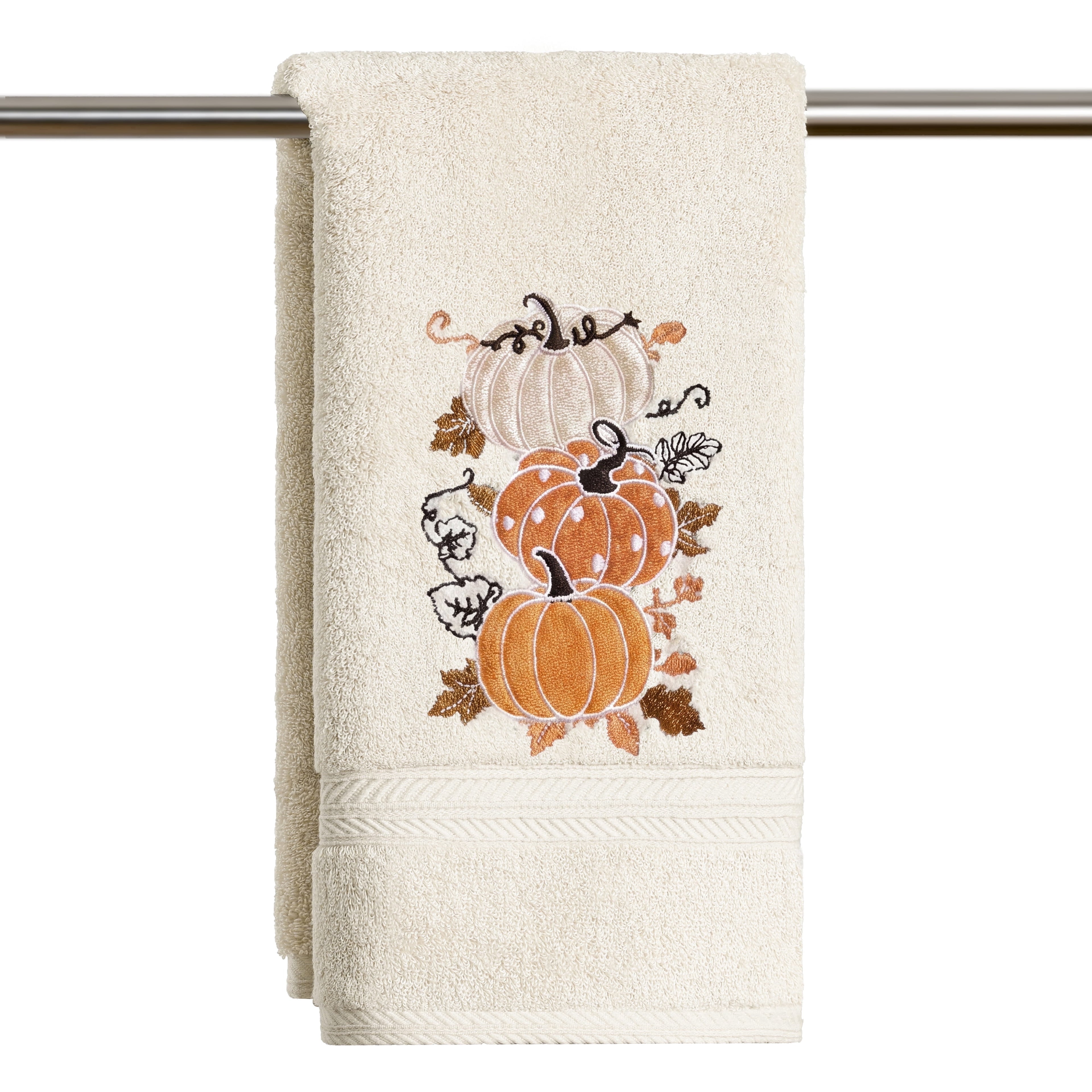 Sm:)e 1 Pc Multi Stacked Pumpkin Maple Leaf Vine Embroidered Fall Hand Towel, 100% Cotton Soft Home Decor Dish Towel, 18 x 26 Inch