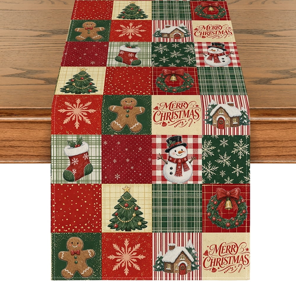 Sm:)e Gingerbread Man Snowman Print Christmas Patchwork Table Runner, 13 x 72 Inch Farmhouse Table Decor, Universal for Indoor Outdoor Kitchen, Home & Party Decoration
