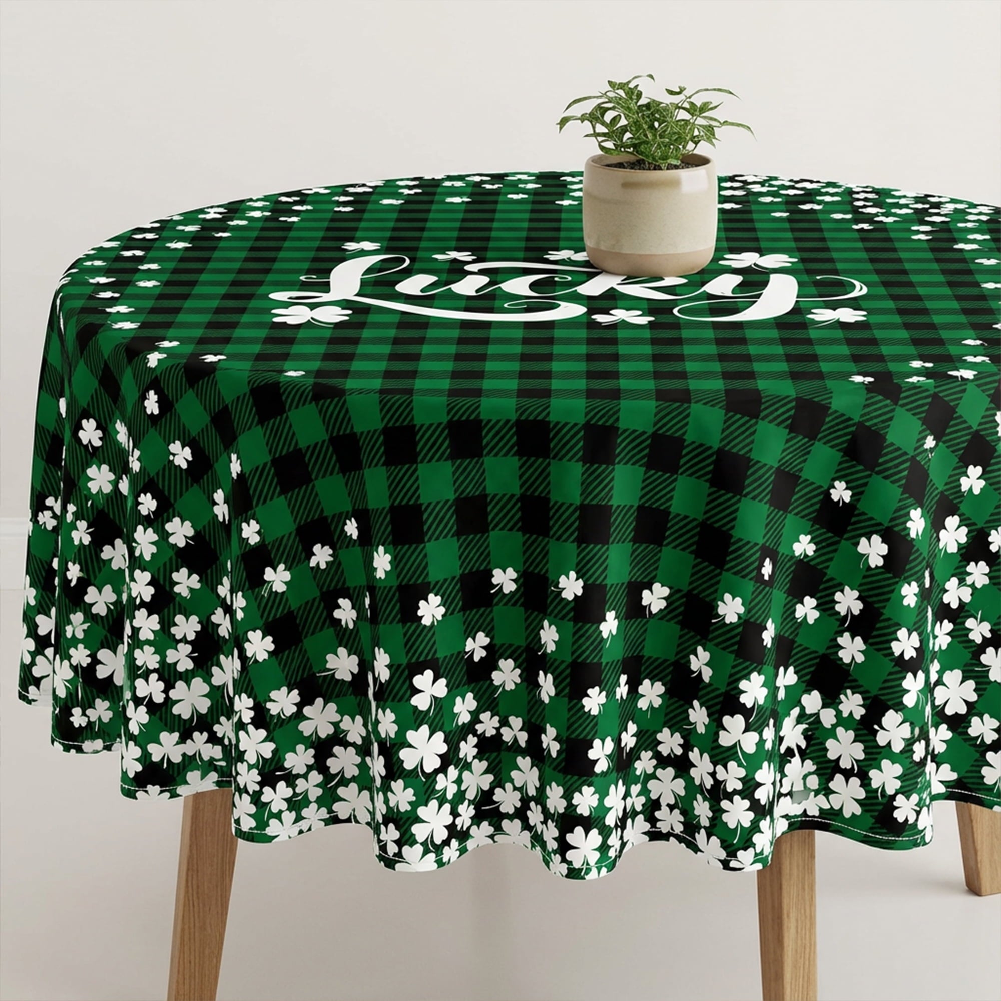 Sm:)e Buffalo Plaid Shamrock Lucky Clover St. Patrick's Day Tablecloth Round 60 Inch