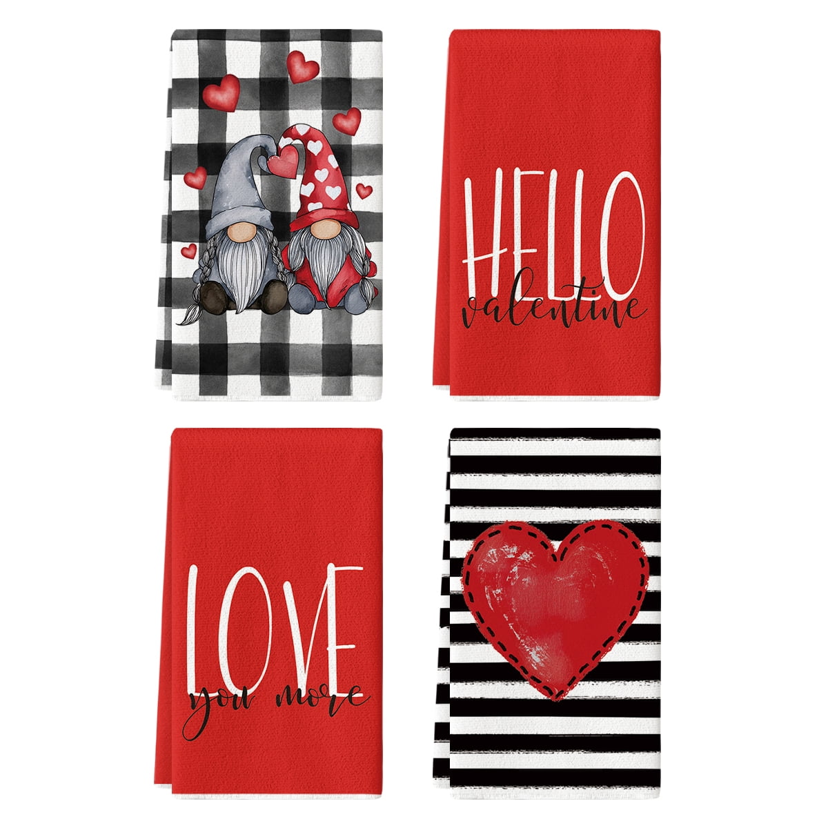Sm:)e Buffalo Plaid Gnome Heart Truck Valentine Kitchen Dish Towels Set of 4, 18 x 26 Inch