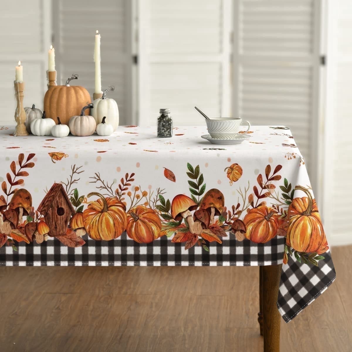 Sm:)e Fall Thanksgiving TableCloth Pumpkin Black White Buffalo Plaid Table Cover for Party Picnic Dinner Decor 60x140 Inch