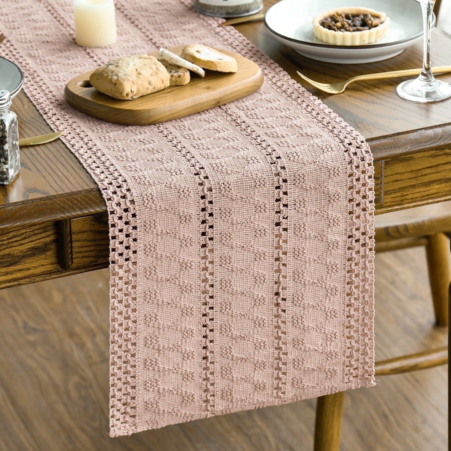 Sm:)e Pink Farmhouse Woven Rustic Hollow Table Runner, Boho Table Runner 12x108 Inch, Dining Kitchen Home Decor