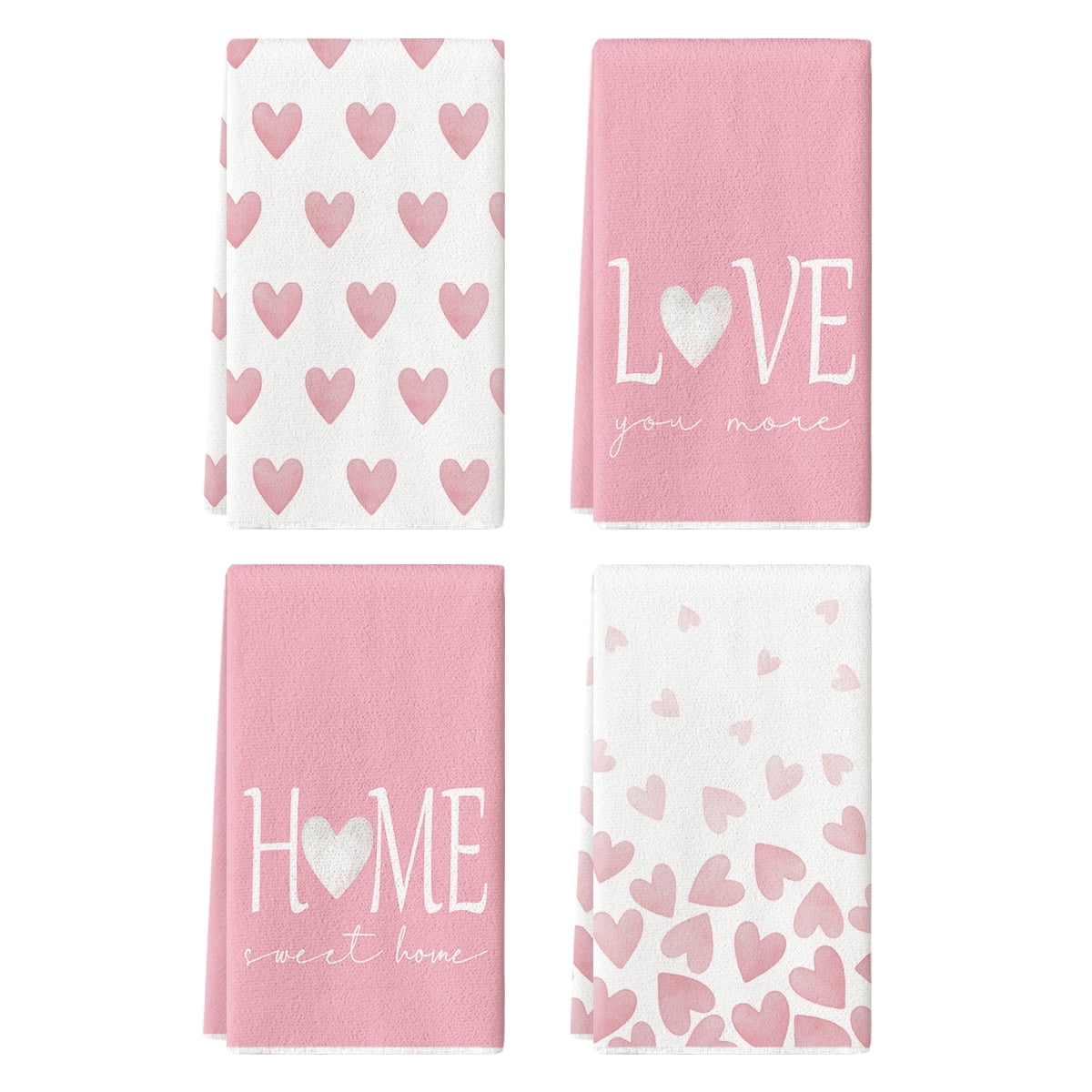 Sm:)e Valentine's Day Kitchen Dish Towels, 18x26 Inch, Set of 4, Pink Hearts Home Love
