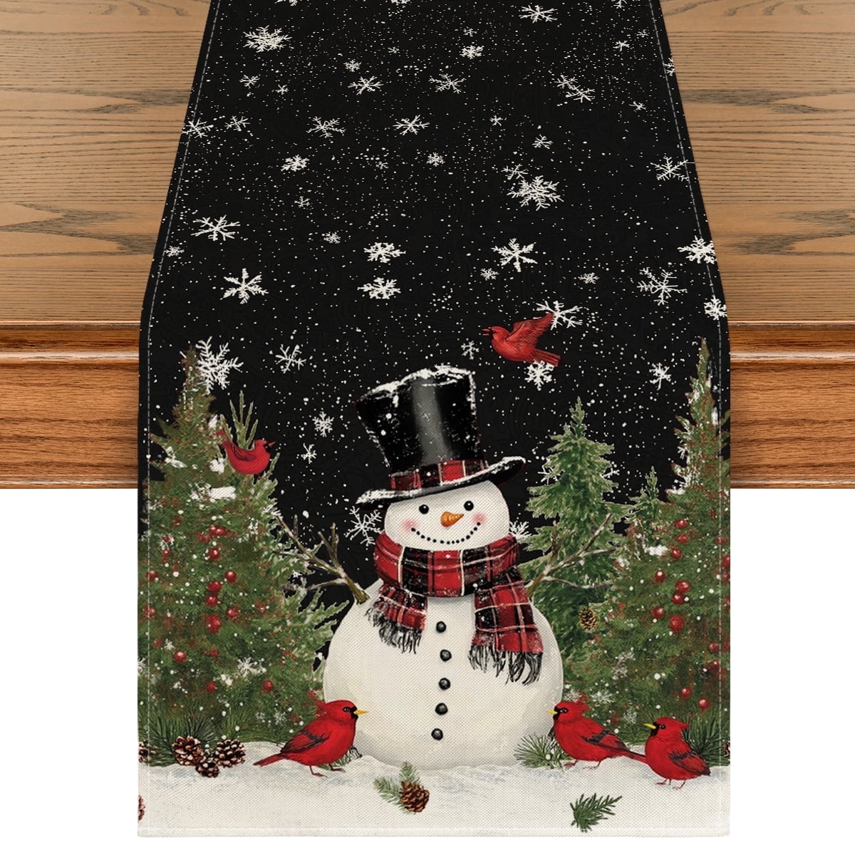 Sm:)e Snowman Birds Trees Christmas Table Runner Black 13 x 108 Inch