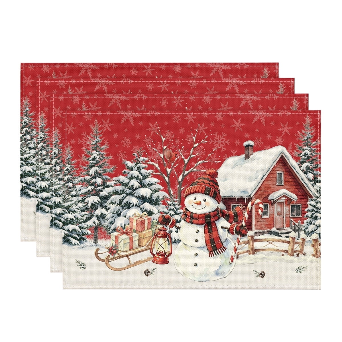 Sm:)e Snowy House Sled Snowman Christmas Placemats 12 x 18 Inch,Set of 4, Winter Table Decor Supplies for Kitchen Dining & Holiday Party, Red