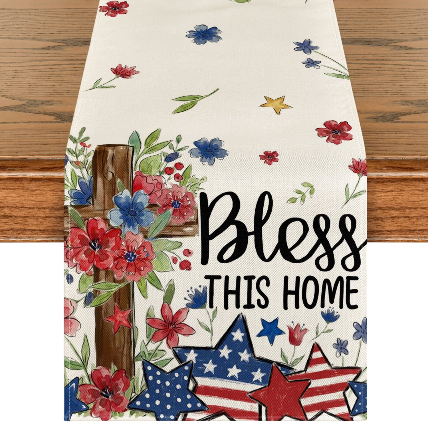 Sm:)e Stars Cross Flowers 4th of July Table Runner 13x72 Inch, Patriotic Decor Durable and Stylish Independence Day Party and Family Gathering Supply