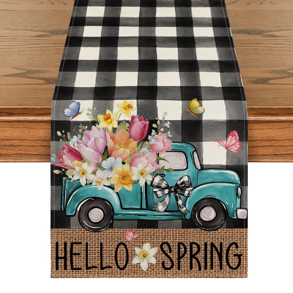 Sm:)e Spring Table Runner with Flowers Floral Truck 13 x 72 Inch, White and Black Buffalo Plaid Spring Kitchen Decor