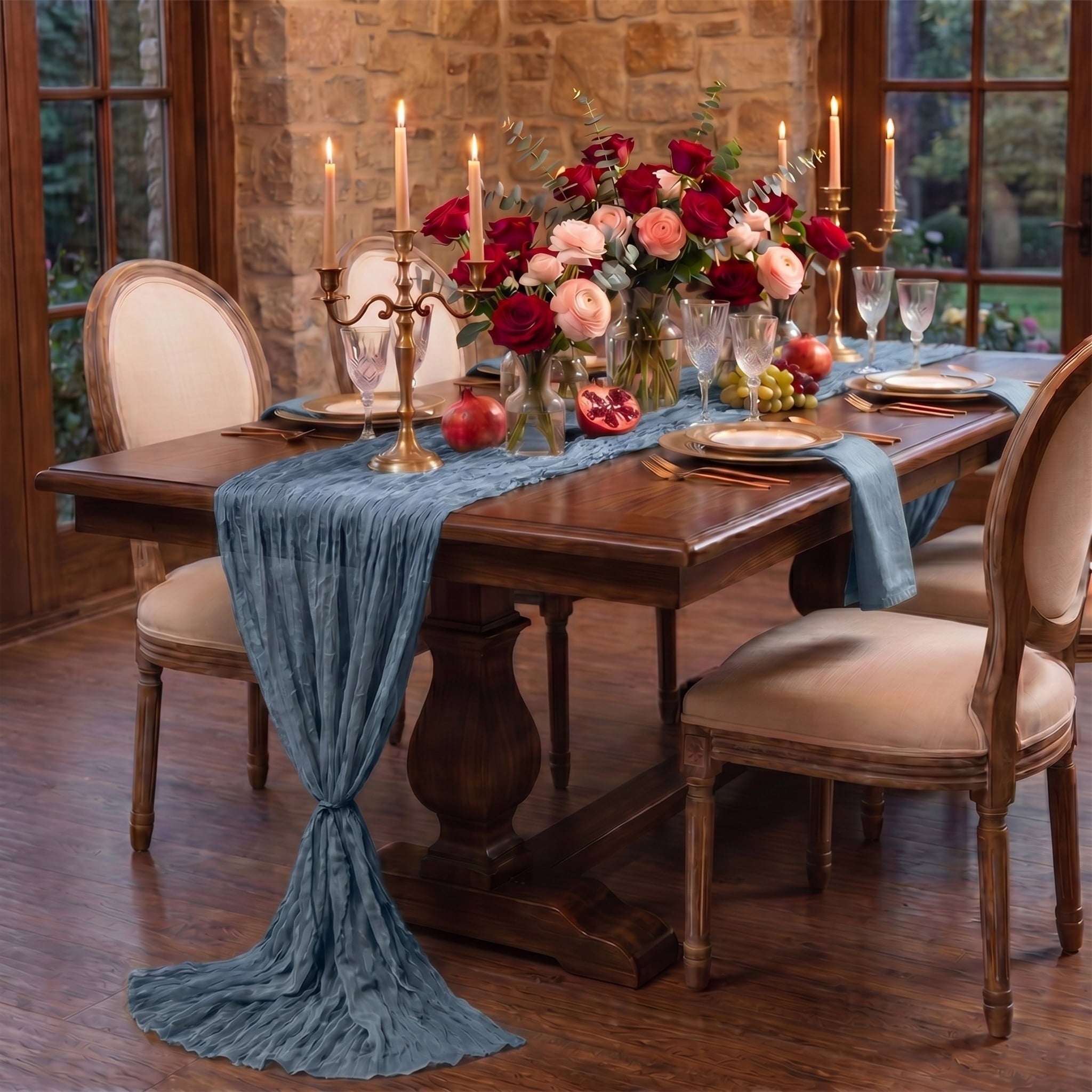 Sm:)e Boho Dusty Blue Gauze Cheesecloth Table Runner 35x120 Inch, Multi-Purpose Decor for Kitchen Dining Wedding Holiday Party