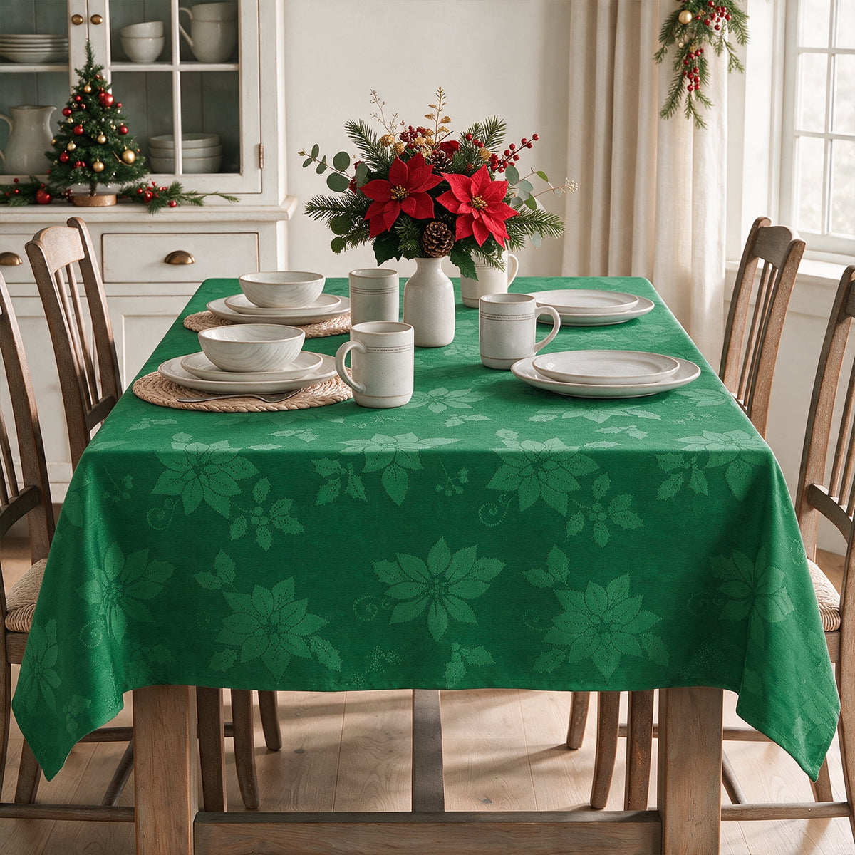 Sm:)e Yarn-Dyed Woven Monochrome Jacquard Poinsettia Christmas Tablecloth 60x104 Inch,Green