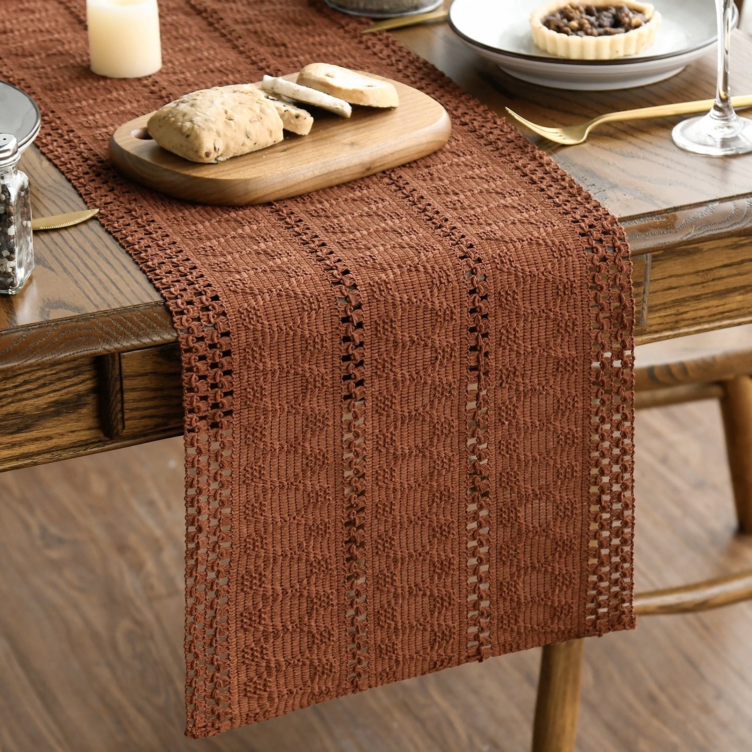 Sm:)e Caramel Farmhouse Woven Rustic Hollow Table Runner, Boho Table Runner 12 x 36 Inch, Dining Kitchen Home Decor