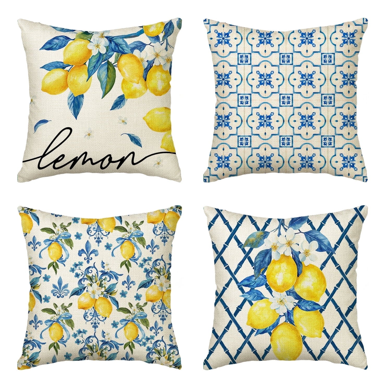Sm:)e Lemon Pillow Cover for Sofa 18x18 Inch Set of 4, Bule Diamond Check, Beige