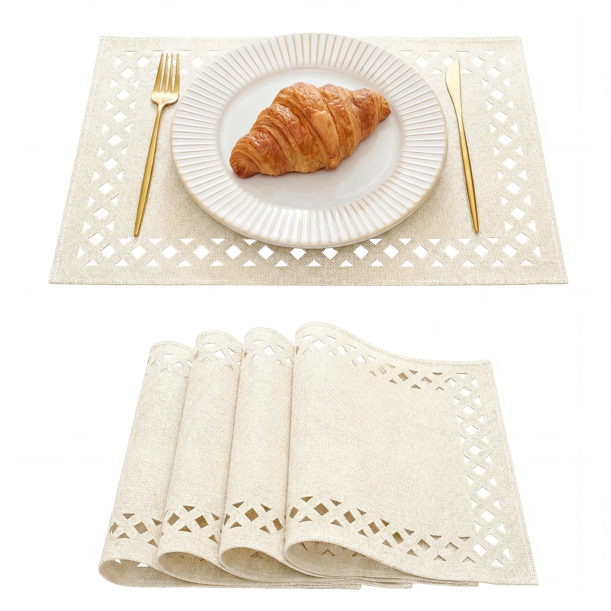 Sm:)e Hollow Out Laser Cut Beige Placemats Set of 4, Seasonal Summer Washable Kitchen Dining Table Decoration for Home Party Decor 12x18 Inch