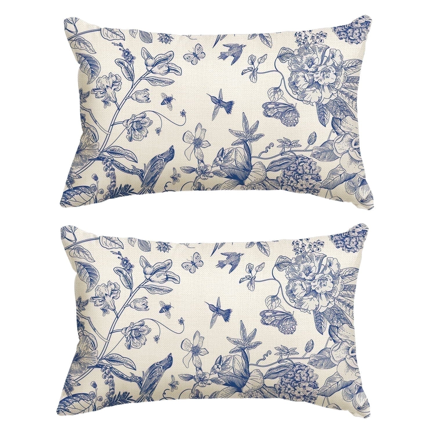 Sm:)e Chinoiserie Grandmillennial Flowers Birds Blue and White Throw Pillow Cover, 12 x 20 2PC Inch Cushion Case Outdoor Decoration for Sofa Couch Farmhouse