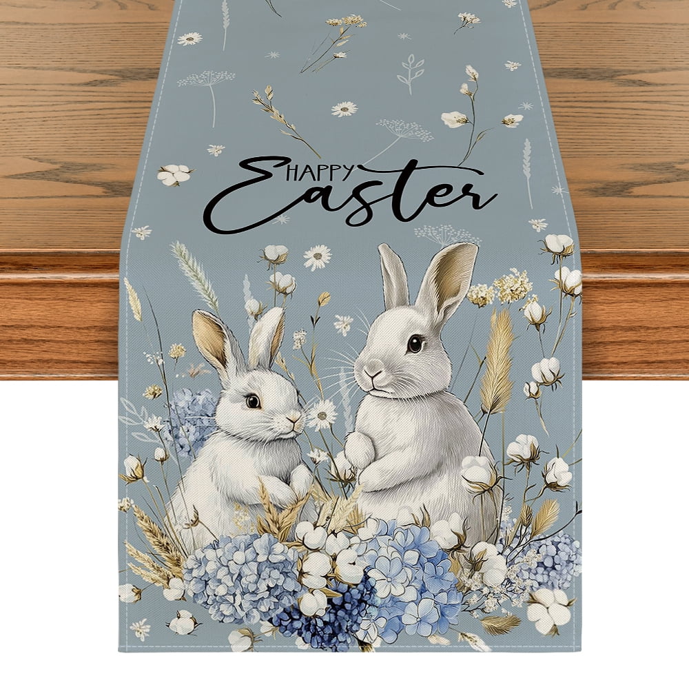 Sm:)e Hydrangea Easter Bunny Easte Table Runner 13x72 Inch ,Spring Easter Decoration Farmhouse Home Dining Room Kitchen Table Decor